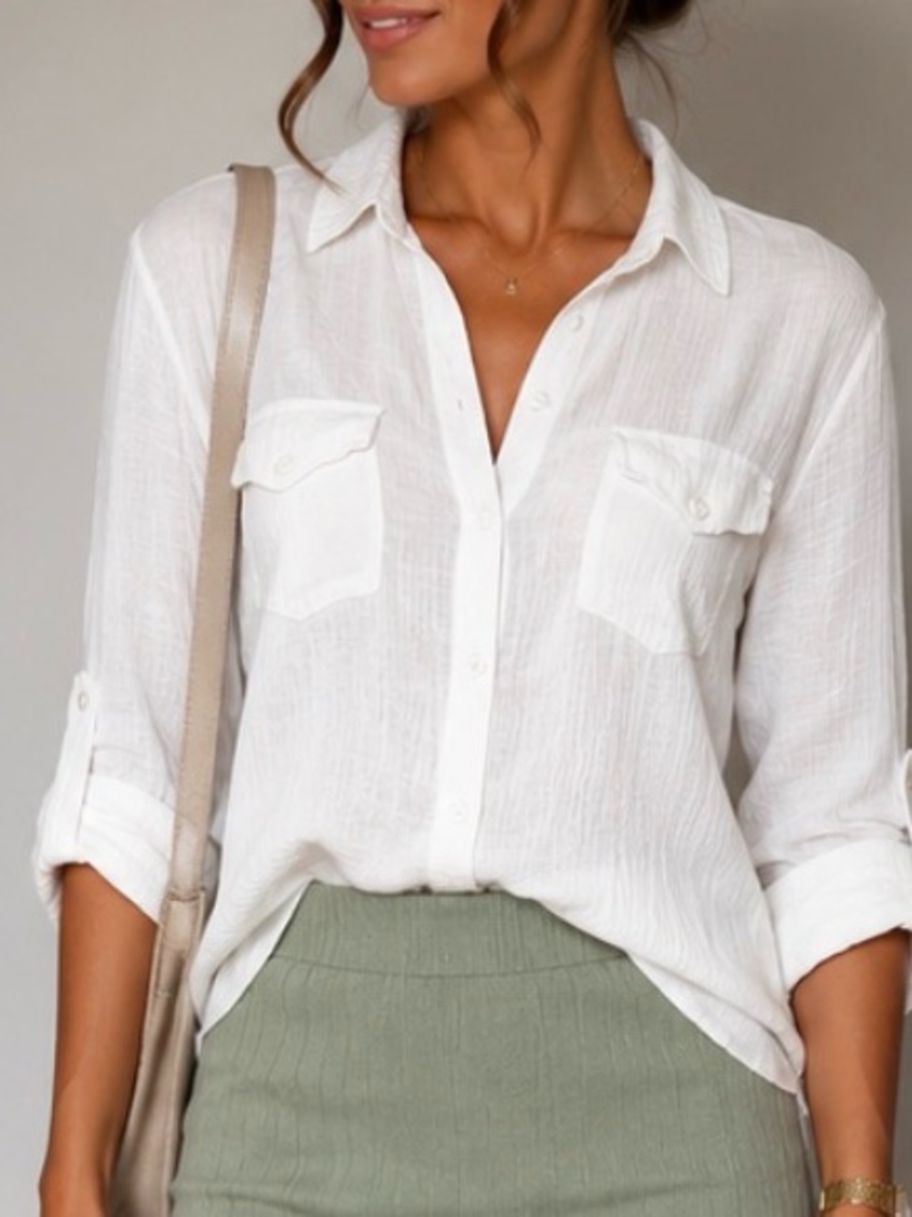 Classic White Button-Up Shirt with Chest Pockets